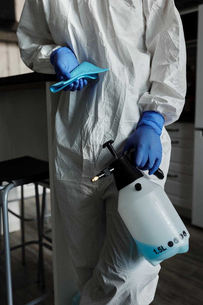 services-01 Individual in full protective gear holding disinfectant spray and gloves indoors for safety.